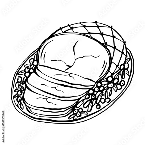 Cinnamon holiday ham with cranberries doodle drawing, festive dinner dish, sketch style vector illustration