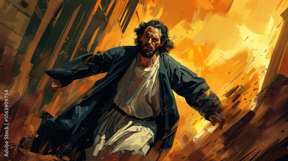 Jesus portrayed energetic action pose forcefully casting demons expressive movements and vibrant colors dramatic midday lighting creating striking visual impact. Jesus portrayed energetic action pose forcefully casting demons expressive movements and vibrant colors dramatic midday lighting creating striking visual impact.