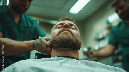 A bearded man reclines with a calm demeanor as barbers attend to his grooming needs, their skilled hands ensuring a satisfying and serene experience in the shop. photo