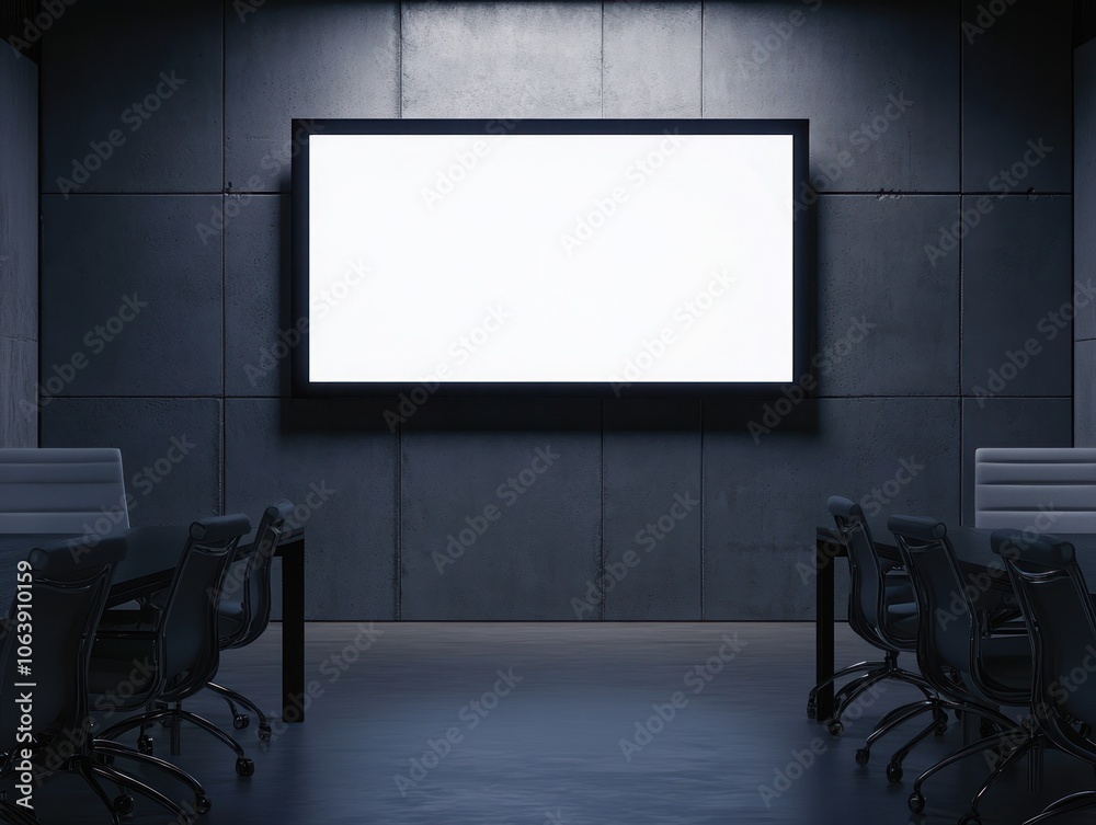 A modern conference room featuring a large blank screen and minimalistic seating. A modern conference room featuring a large blank screen and minimalistic seating.