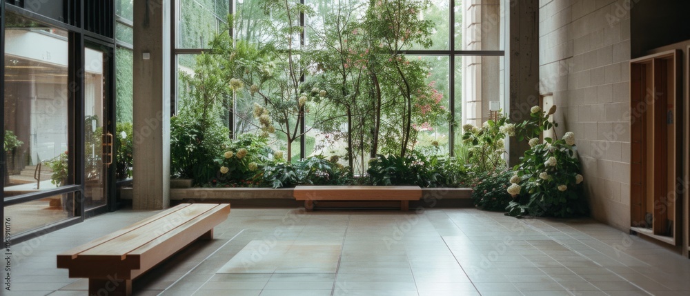 A spacious atrium filled with lush greenery, bathed in natural light, offering a serene escape within a modern architectural setting. A spacious atrium filled with lush greenery, bathed in natural light, offering a serene escape within a modern architectural setting.