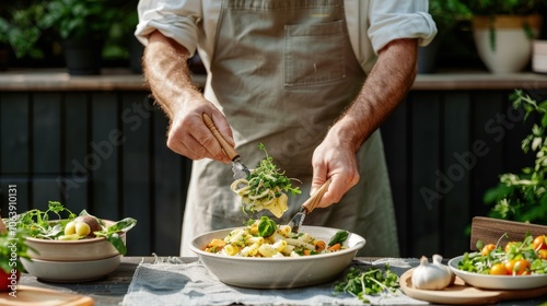 Pasta Primavera with assorted colorful vegetables in Bright, sunlit patio table, Pasta photography