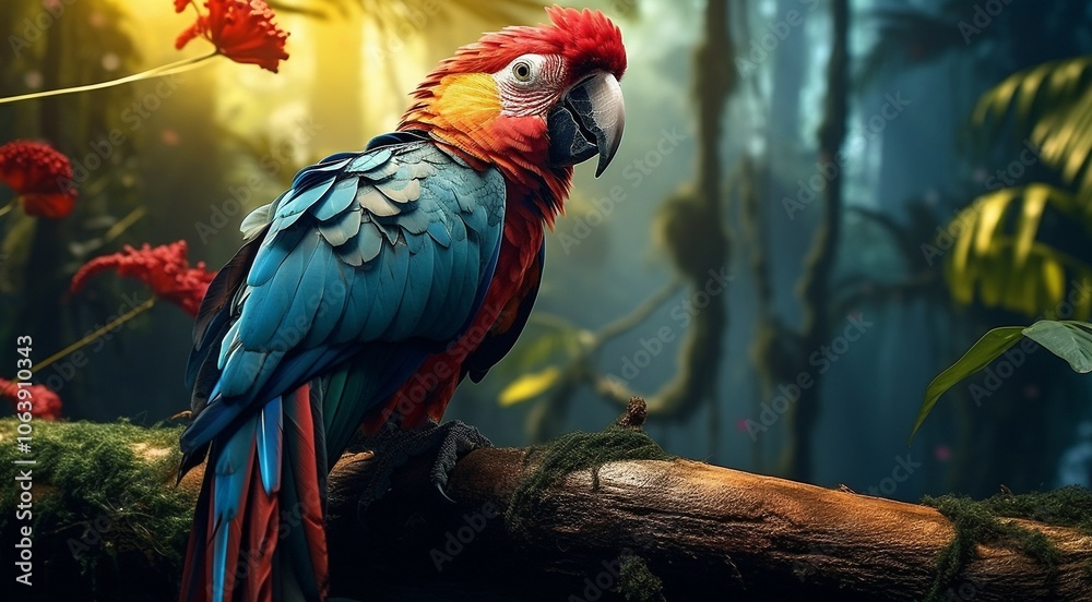 Fototapeta premium close-up of a tropical wild bird in the forest, tropical wild bird, wild bird in the forest, bird sitting on the tree