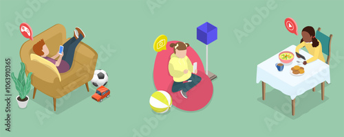 3D Isometric Flat Vector Illustration of Children Gadget Addiction, Kids Online Entertainment