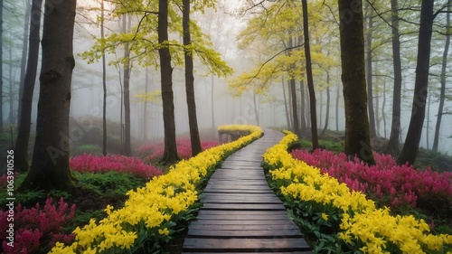 spring wooden pathway on a colorful forest with morning fog background