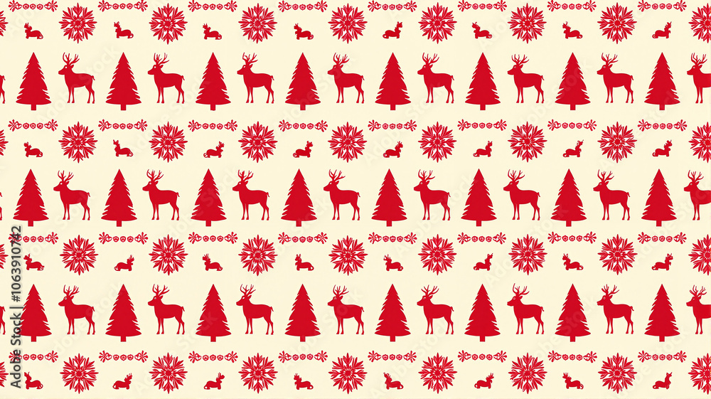 Red holiday pattern with reindeer and Christmas trees Red holiday pattern with reindeer and Christmas trees
