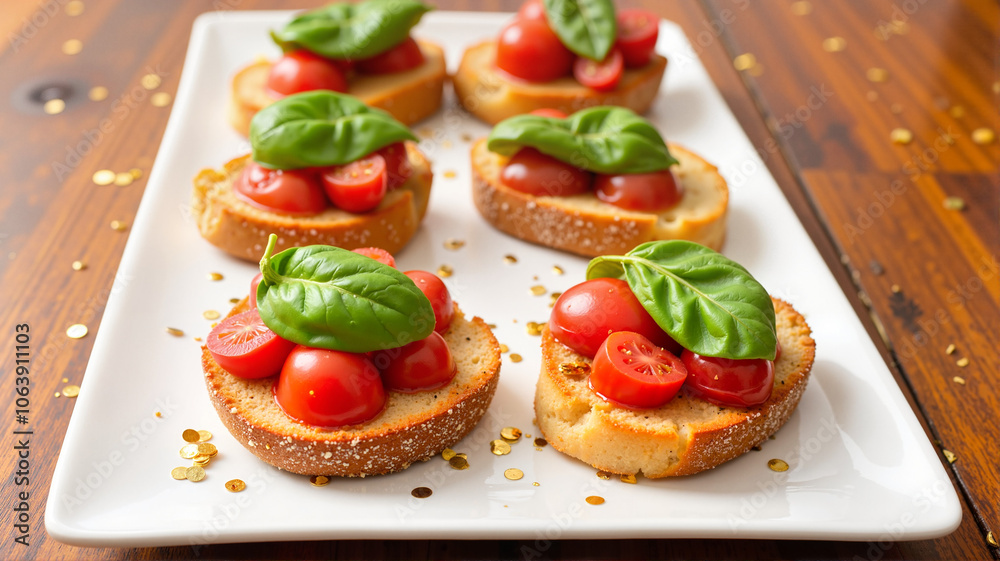 Bruschetta with tomatoes and basil on a white plate Bruschetta with tomatoes and basil on a white plate