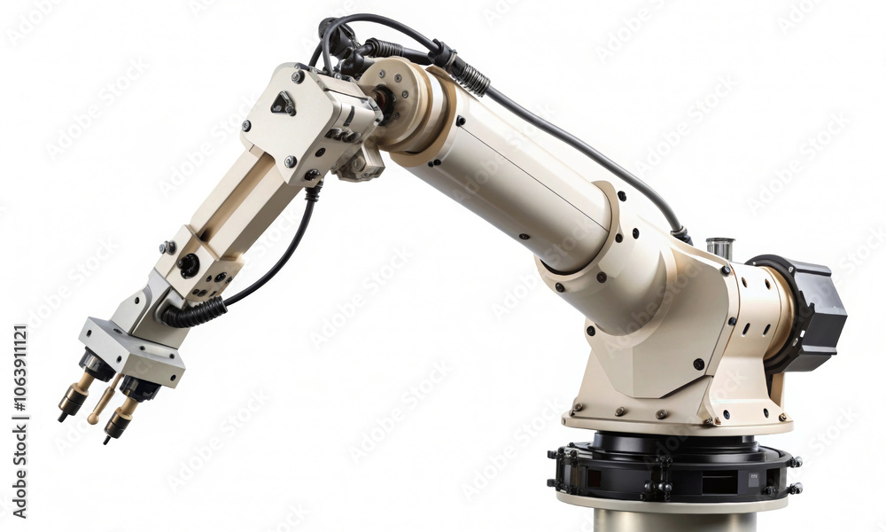The robotic arm is white on a light background The robotic arm is white on a light background