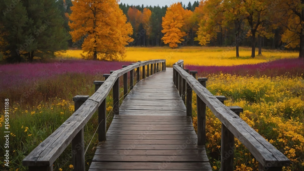 autumn wooden pathway on a colorful meadow background autumn wooden pathway on a colorful meadow background
