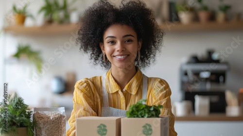 SME owner showcasing eco-friendly packaging in a live stream. Promoting plastic-free products and sustainable practices on social media.