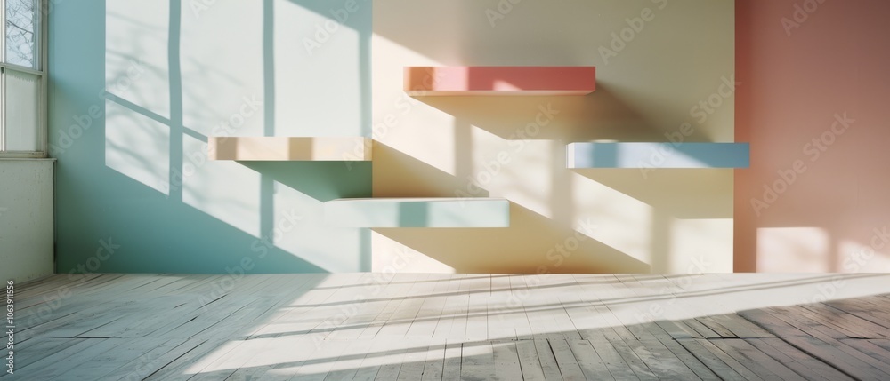Fototapeta premium Sunlight pours into an empty, pastel-colored room with shelves casting shadows on wooden floors, creating an inviting dance of light and shadow.