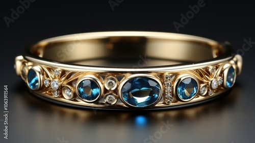 A delicate gold bangle adorned with sparkling blue gemstones and shimmering diamonds, showcasing intricate craftsmanship and timeless elegance. photo