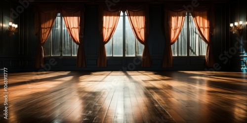 Sunlight streams through three windows in an empty room, illuminating the polished wooden floor with warm rays