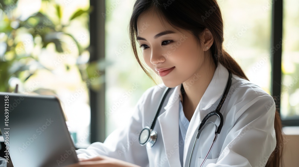 Young Asian female medic working on telehealth consultations. Helping patients online with digital care and telemedicine. Young Asian female medic working on telehealth consultations. Helping patients online with digital care and telemedicine.
