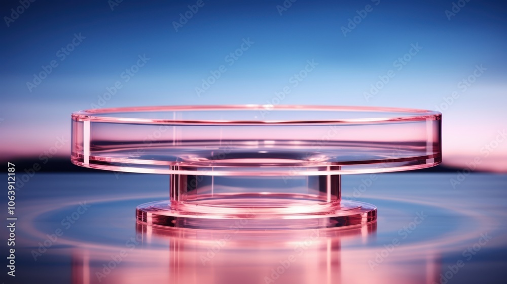A minimalist glass pedestal with a pink hue, reflecting light against a gradient blue and pink background. A minimalist glass pedestal with a pink hue, reflecting light against a gradient blue and pink background.