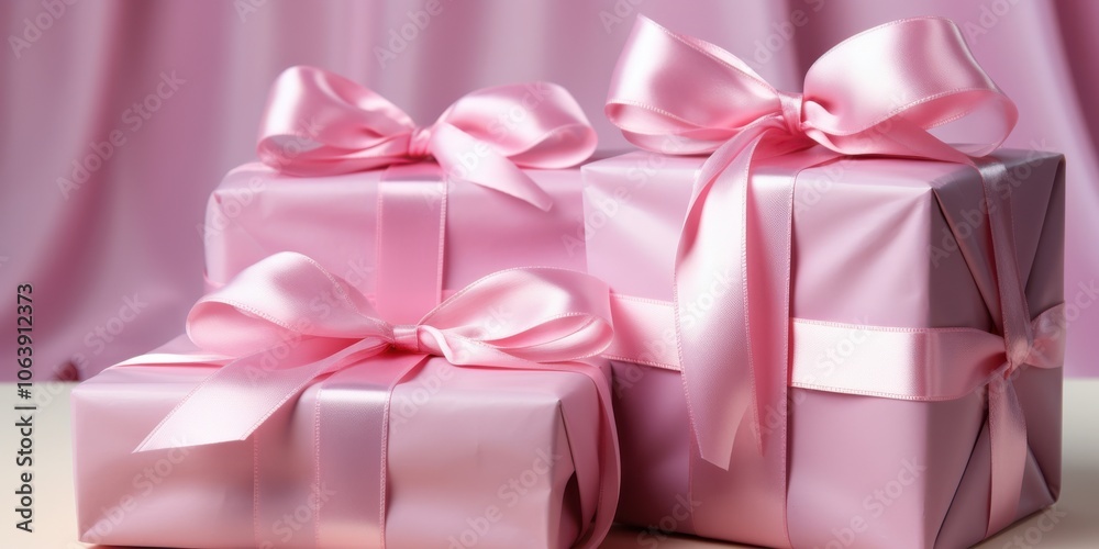 Three Delicate Pink Gift Boxes Tied with Satin Ribbons and Bows on a Smooth Pink Surface Three Delicate Pink Gift Boxes Tied with Satin Ribbons and Bows on a Smooth Pink Surface
