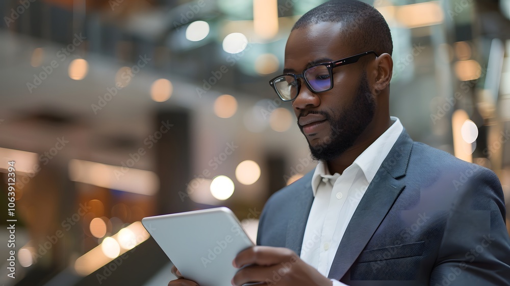 Professional Man Using Tablet in Modern Office Space Professional Man Using Tablet in Modern Office Space
