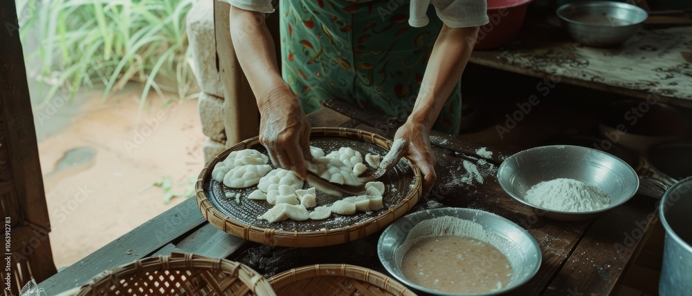 Fototapeta premium A person prepares traditional pastries with care, surrounded by rustic kitchen elements that convey a sense of culinary heritage and warmth.