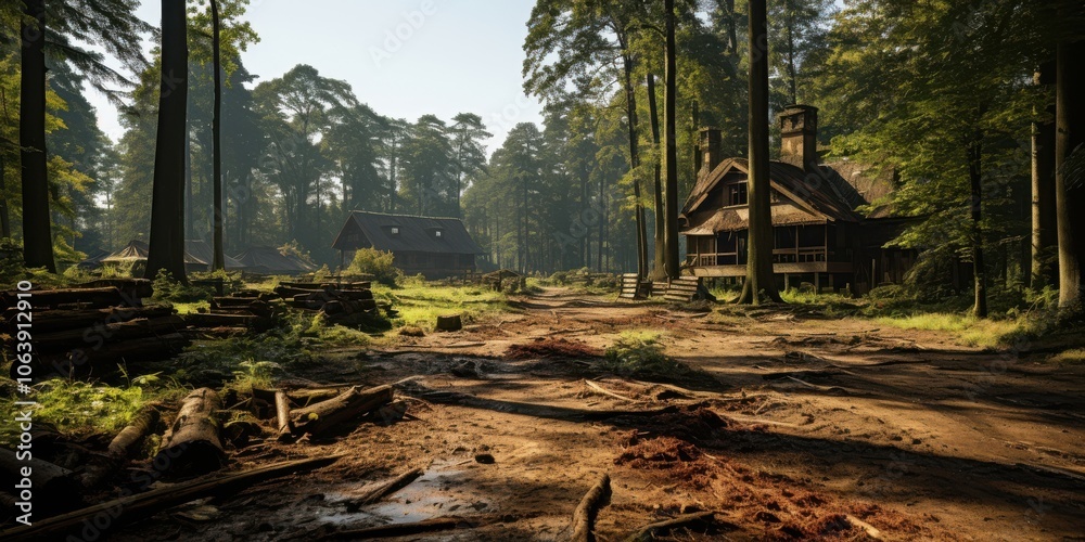 A Rustic Path Through A Forest Leading To A Secluded Cabin With Sun Streaks Shining Through The Trees A Rustic Path Through A Forest Leading To A Secluded Cabin With Sun Streaks Shining Through The Trees