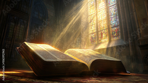 ancient bible open in a cathedral with light streaming through stained glass window