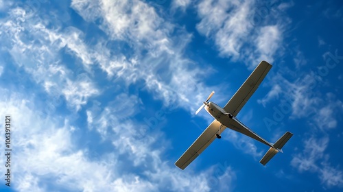 Ultralight plane gliding effortlessly through a bright blue sky with wisps of white clouds, capturing the thrill of solo flight and adventure.