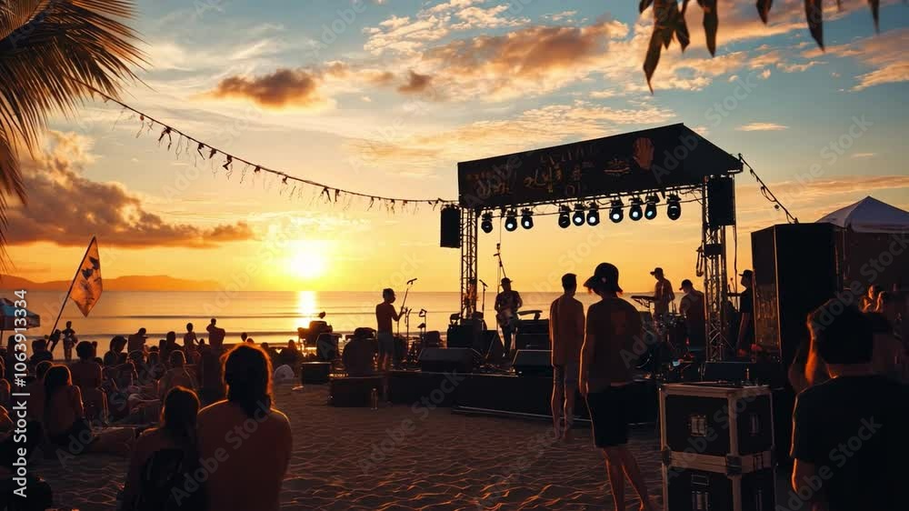 Sunset beach festival with multicultural music,