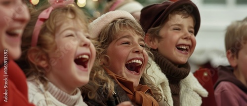 Children dressed warmly giggle and cheer with delight in a cozy, festive atmosphere, surrounded by holiday cheer and laughter with friends.