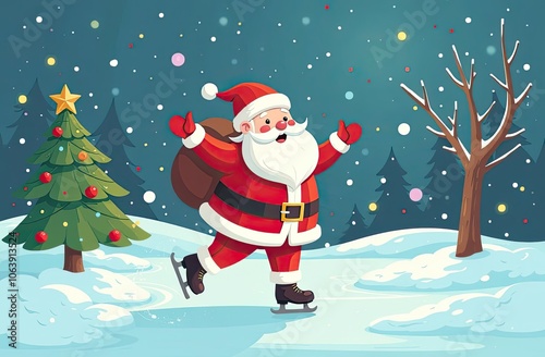 A cartoon Santa Claus on ice skates carrying a bag of presents