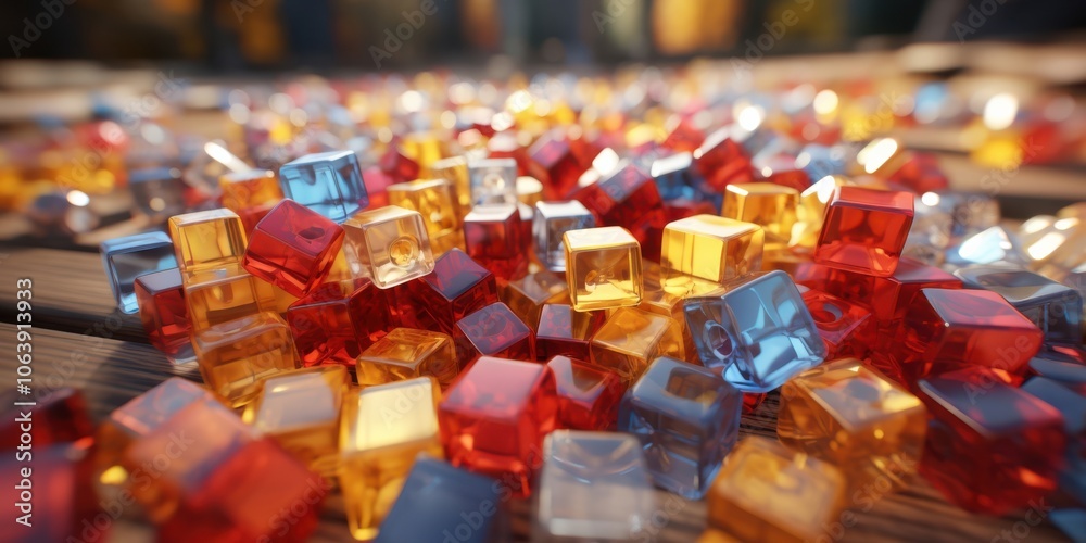 A close-up view of many brightly colored glass cubes scattered on a wooden surface, reflecting light and creating a dynamic composition. A close-up view of many brightly colored glass cubes scattered on a wooden surface, reflecting light and creating a dynamic composition.