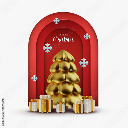 Golden xmas tree with gift boxes. Christmas or new year festive composition in 3d realistic style. Cartoon modern illustration.