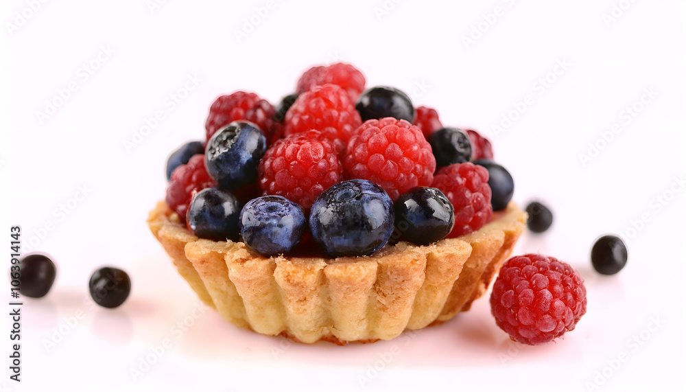 Close-up of a delectable berry tart topped with vibrant raspberries and blueberries, showcasing a perfect blend of sweet and tart flavors Close-up of a delectable berry tart topped with vibrant raspberries and blueberries, showcasing a perfect blend of sweet and tart flavors
