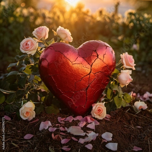 Coração quebrado vermelho entre rosas ao pôr do sol photo