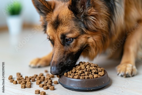 Close up of a german shepherd enjoying dry food from a bowl in the living room setting