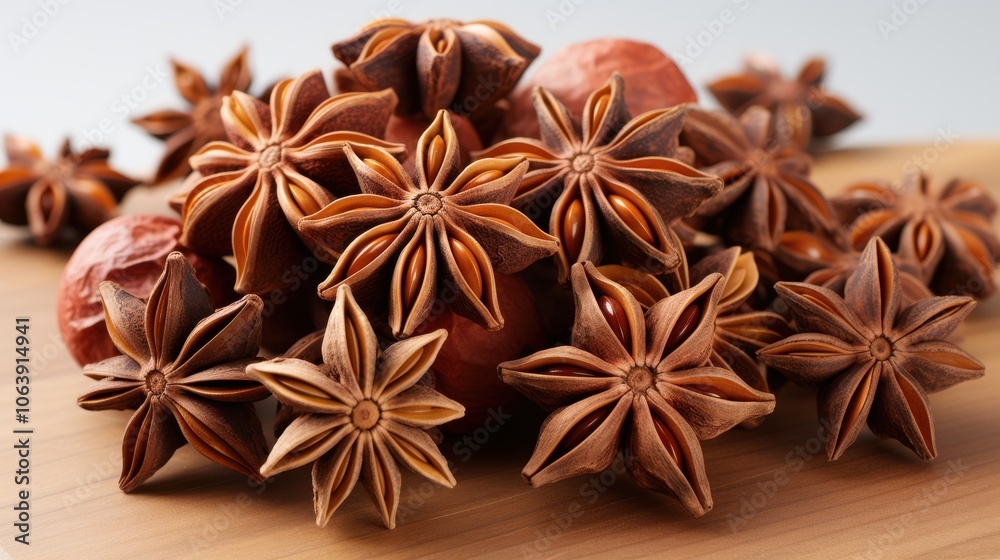 Star Anise Pods Scattered on Wooden Surface, Aromatic and Fragrant Spice for Culinary and Medicinal Purposes Star Anise Pods Scattered on Wooden Surface, Aromatic and Fragrant Spice for Culinary and Medicinal Purposes