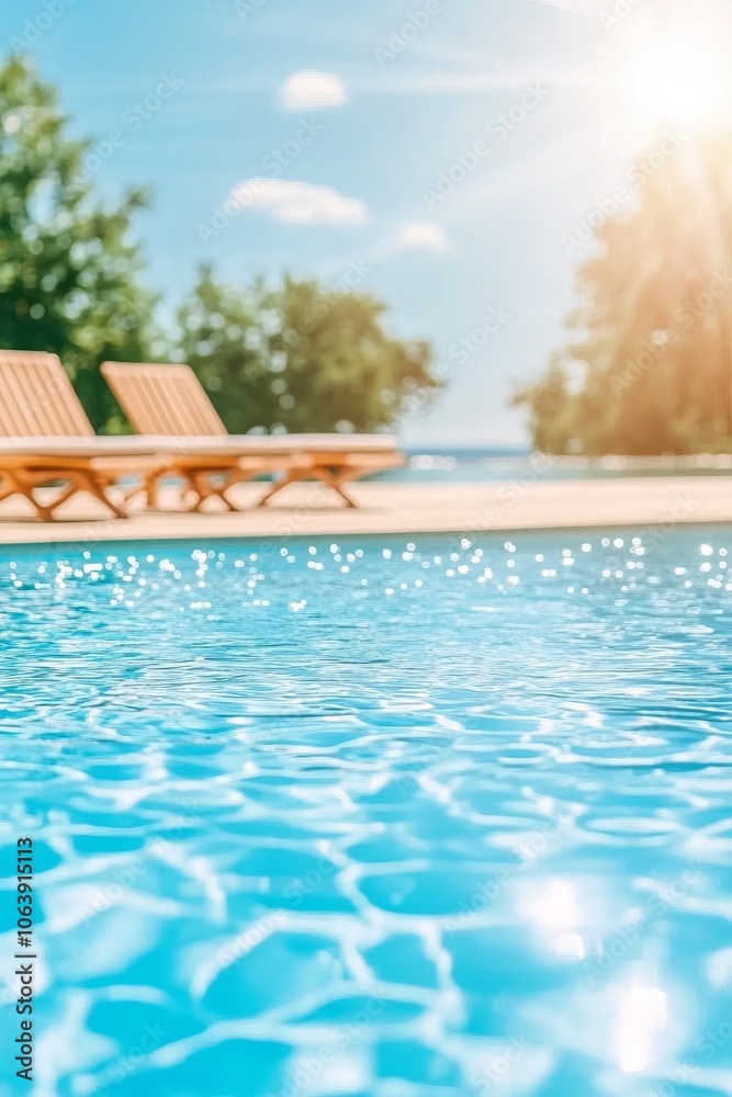 Obraz premium A tropical paradise resort pool with sparkling water under the sun and lounge chairs on a stylish deck