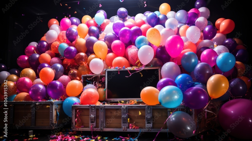 A colorful display of balloons cascading over wooden crates and a black screen, a festive celebration with a touch of mystery A colorful display of balloons cascading over wooden crates and a black screen, a festive celebration with a touch of mystery