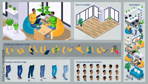 Isometric Black Man characters constructor for design. Use Separate Body Parts to Create An Animated Character. Set of Emotions, Hairstyles, Hands