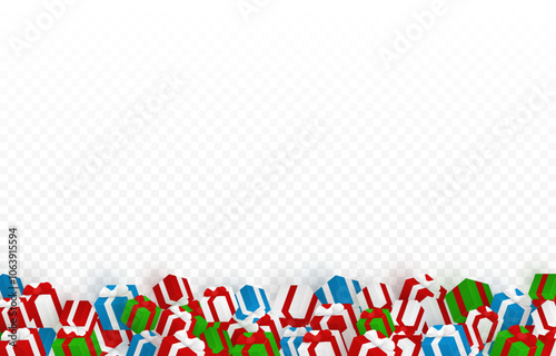 Vector gifts png. A lot of gifts lie on the ground, fallen gifts on a transparent background. Christmas or New Year gifts. Festive background.