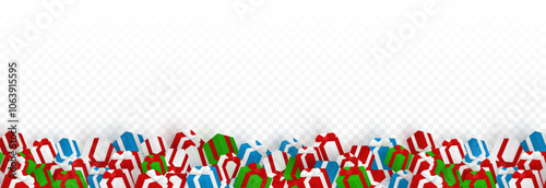 Vector gifts png. A lot of gifts lie on the ground, fallen gifts on a transparent background. Christmas or New Year gifts. Festive background.