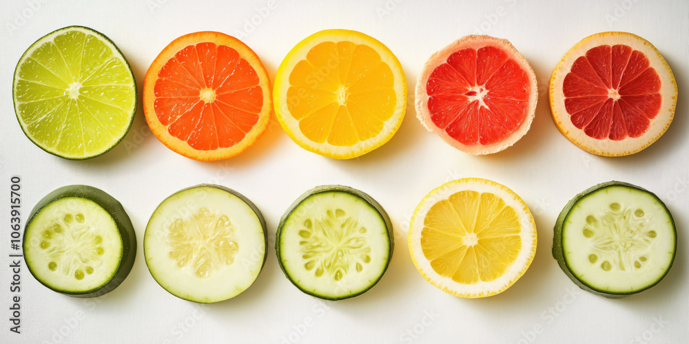 Colorful citrus and cucumber slices in a vibrant grid pattern Colorful citrus and cucumber slices in a vibrant grid pattern