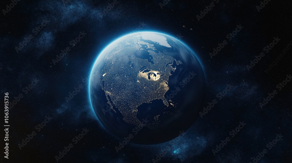 Obraz premium Aerial view of Earth from space with glowing city lights 