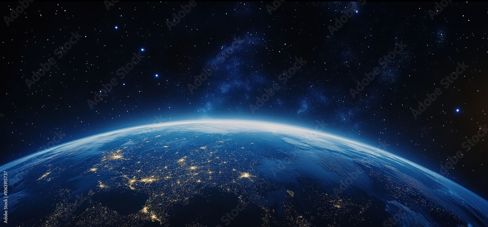Obraz premium Aerial view of Earth from space with glowing city lights
