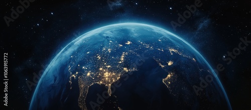 Fototapeta Naklejka Na Ścianę i Meble -  Aerial view of Earth from space with glowing city lights 