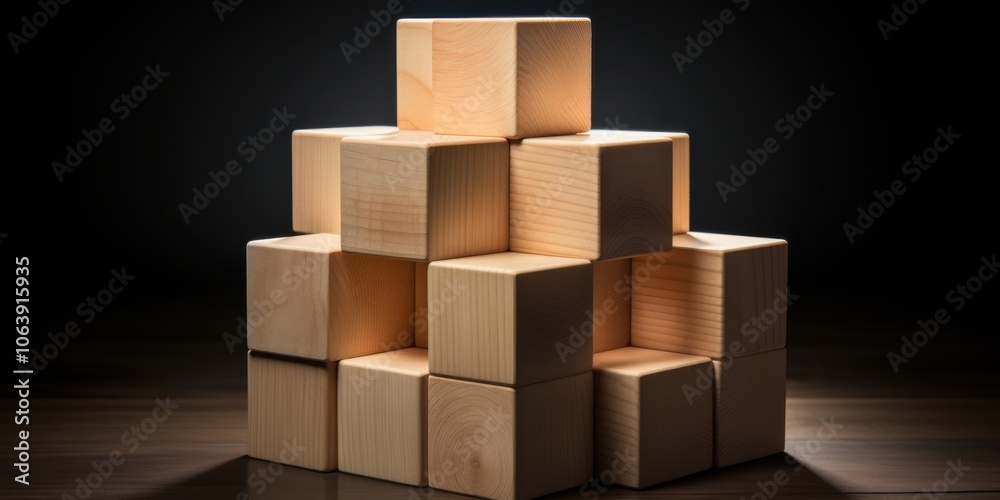 Obraz premium A Stack of Natural Wooden Blocks Against a Dark Background, Creating a Visual Representation of Growth, Stability, and Potential