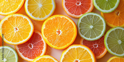 Vibrant citrus slices: fresh oranges, lemons, limes, and grapefruits