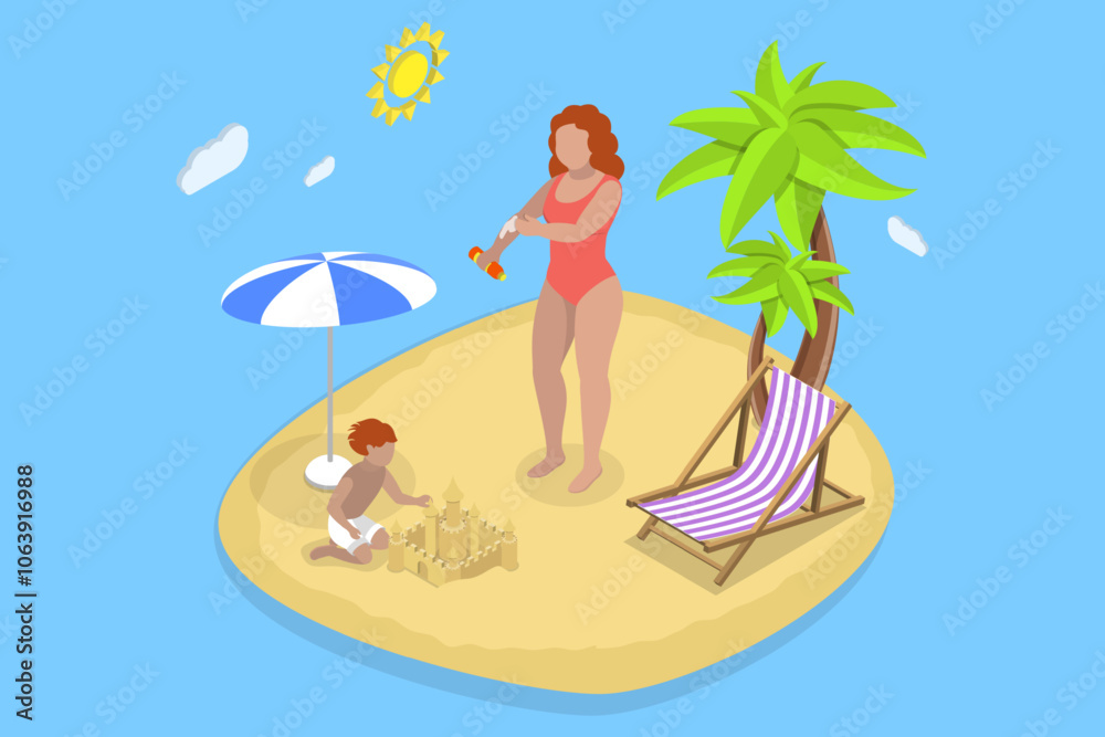 3D Isometric Flat Vector Illustration of Rest On Vacation, Young Woman Relaxing Seaside 3D Isometric Flat Vector Illustration of Rest On Vacation, Young Woman Relaxing Seaside