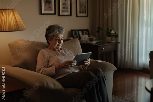 Elderly woman in her living room holding a tablet with video call interface and talking to healthcare professional doctor online, concept of health care service, medical tele technology, copy space