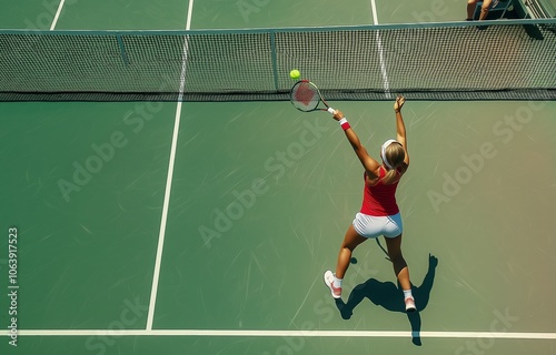 Tennis player hitting a tennis ball with a racket in a tennis court photo