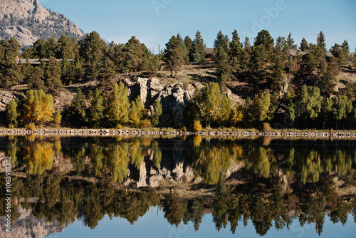 Lake Estes shoreline, early fall morning, Estes Park, Colorado photo