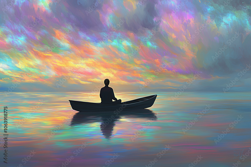 A man is sitting meditating on a boat A man is sitting meditating on a boat